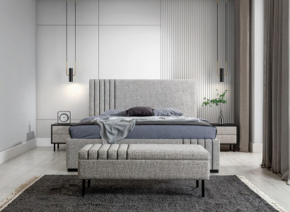 Hellgraue Schlafzimmer Möbel Designer Textilbett 2x Nachttische Bank