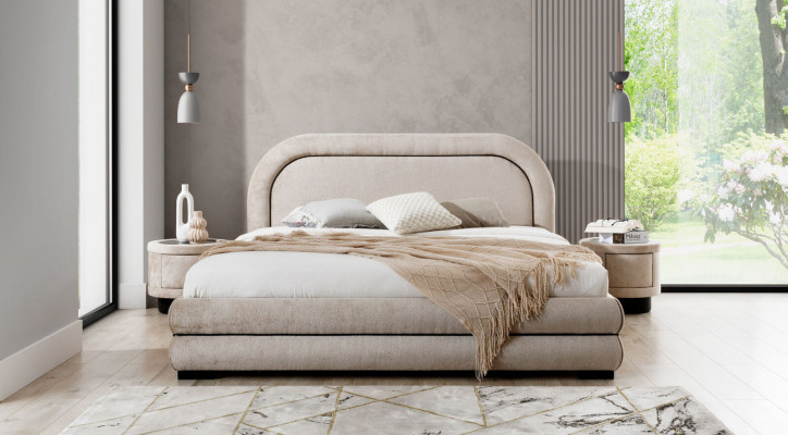 Schlafzimmer Garnitur Designer Beiges Doppelbett 2x Textil Nachttische