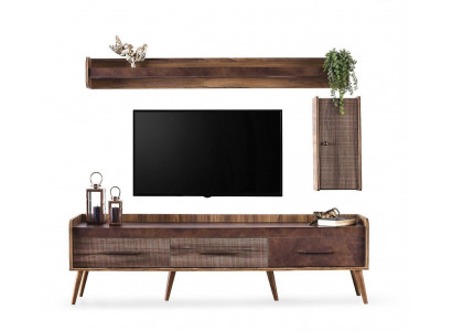Garnitur Wohnzimmer TV Ständer Wandschrank Braun Holz RTV Lowboard