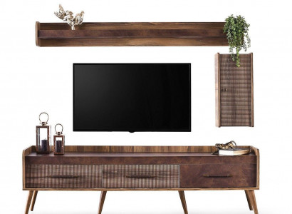 Garnitur Wohnzimmer TV Ständer Wandschrank Braun Holz RTV Lowboard