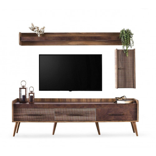 Garnitur Wohnzimmer TV Ständer Wandschrank Braun Holz RTV Lowboard