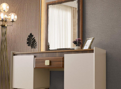 Schminktisch mit Spiegel Frisiertisch Beige Holz Schminkkonsole Design