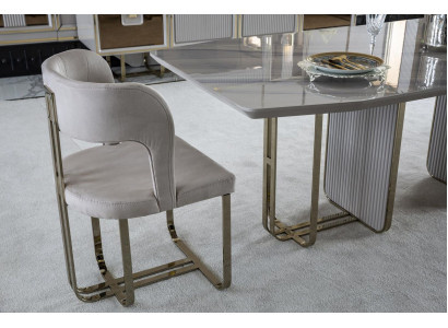 Stuhl Beige Elegantes Modern Esszimmer Schön Stoff Design Luxus Metall Stühle