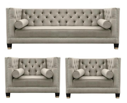 Beige Sofagarnitur Chesterfield Sessel Luxus Möbel Textil Stoff Wohnzimmer Neu