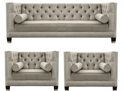 Beige Sofagarnitur Chesterfield Sessel Luxus Möbel Textil Stoff Wohnzimmer Neu