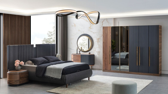 Schwarz-Beige Schlafzimmer Garnitur Designer Doppelbett 2x Nachttische