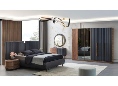 Schwarz-Beige Schlafzimmer Garnitur Designer Doppelbett 2x Nachttische