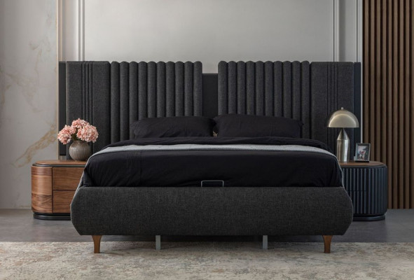 Schwarz-Beige Schlafzimmer Garnitur Designer Doppelbett 2x Nachttische