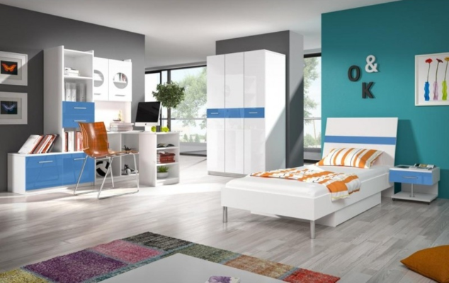 Bett + Nachttisch Schlafzimmer Jugendzimmer Kinderzimmer Set Möbel 2tlg. Blau
