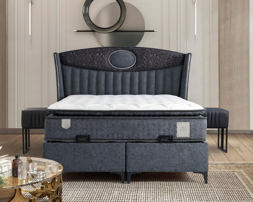 Elegantes graues Bett mit Matratze aus Textil und Holz