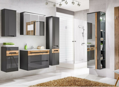Design Badezimmer Möbel Bad 6 tlg. Set Garnitur Schrank Waschbecken Beleuchtung