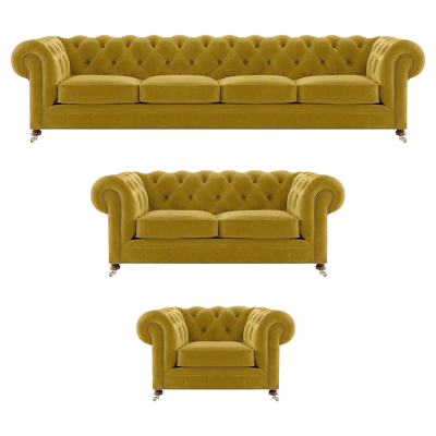 Luxus Gelb Komplett 4+2+1 Wohnzimmer Sessel Chesterfield Textil Polstermöbel