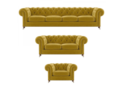 Luxus Gelb Komplett 4+2+1 Wohnzimmer Sessel Chesterfield Textil Polstermöbel