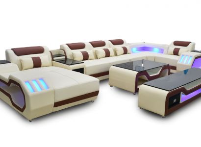 Wohnzimmer set Ecksofa U-Form beige Couchtisch TV Ständer Polster Beleuchtet