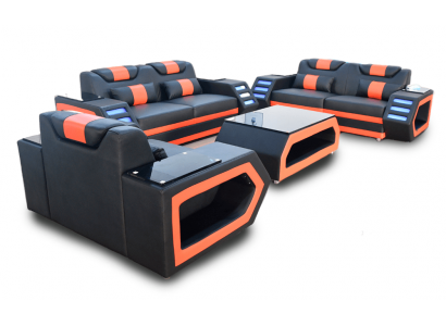 Designer Sofagarnitur Sofa Polster Set 3+2+1 Ledersofa Beleuchtet Leder