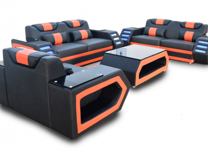 Designer Sofagarnitur Sofa Polster Set 3+2+1 Ledersofa Beleuchtet Leder