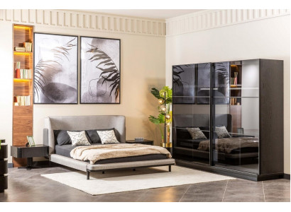 Modernes Schlafzimmer Set Designer Doppelbett x2 Nachttische Glasschrank