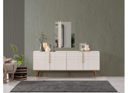 Anrichte Garnitur Sideboard mit Spiegel Kommoden Esszimmer Holz Weiß