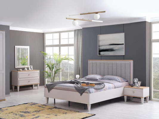 Modern Schlafzimmer Garnitur Doppelbett Bett Nachttische Grau Holz Set 5tlg