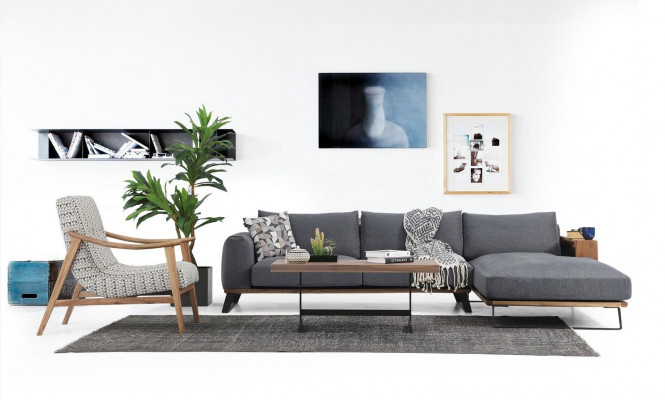 Ecksofa L-Form Sofa Grau Modern Stoff Design Wohnzimmer Polyester