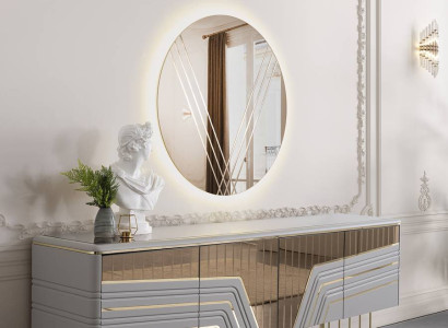 Moderner Silber Sideboard Rundspiegel LED Beleuchtung Designer 2tlg Set