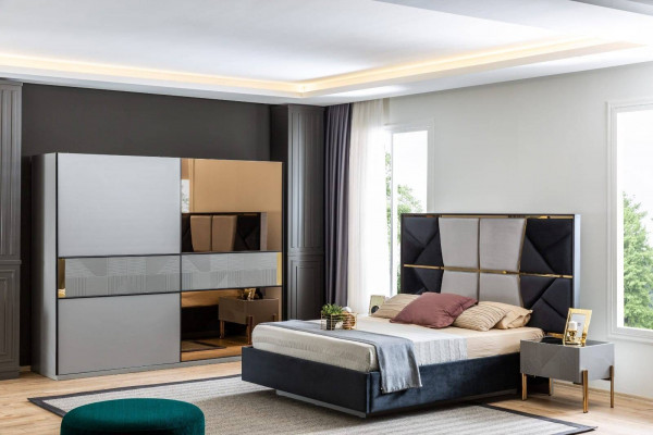 Modernes Schlafzimmer Set Designer Bett 2x Nachttische Kleiderschrank