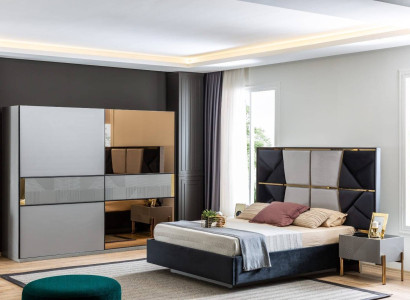 Modernes Schlafzimmer Set Designer Bett 2x Nachttische Kleiderschrank