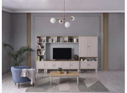 Wohnwand Wohnzimmerwand TV Ständer Holz RTV Lowboard Grau Regale Set
