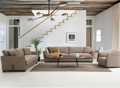 Sofagarnitur 431 Sitzer Sessel Sofa Modern Stoff Beige Set 3tlg Sofas