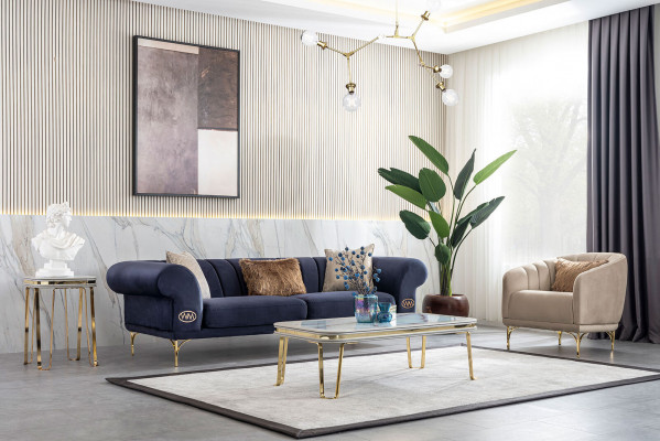 Blau-Beiges Wohnzimmer Set Luxus Sofagarnitur 3+3+1 Sitzer Design Couch