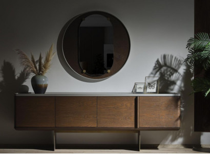 Braunes Sideboard Moderne Holzmöbel Luxus Rundspiegel Wohnzimmer 2tlg