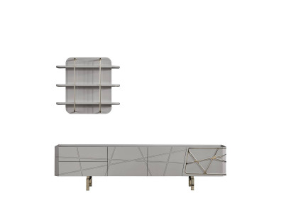 Graue Wohnzimmer Garnitur Holzmöbel Stilvoller TV-Schrank Wandregale 