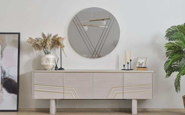 Beige Luxus Holzmöbel Designer Sideboard Luxus Rundspiegel Modern 2tlg