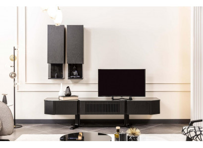 Schwarzes Wohnwand Set Designer Holz TV-Ständer Luxuriöse x2 Wandregale