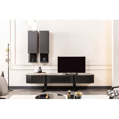 Schwarzes Wohnwand Set Designer Holz TV-Ständer Luxuriöse x2 Wandregale