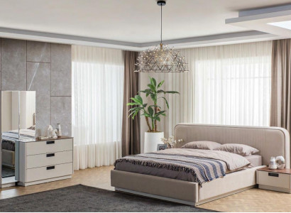 Beige Schlafzimmer Möbel Textilbett Holz Schminktische 2x Nachttische
