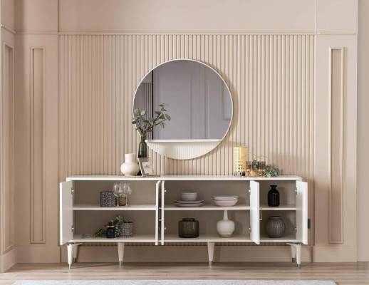 Sideboard Anrichte mit Spiegel Gruppe Kommode Holz Weiß Esszimmer
