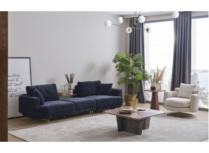 Blauer Dreisitzer Weißer Sessel Designer Wohnzimmer Sofagarnitur 2tlg