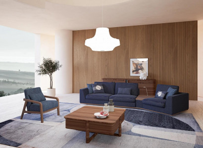 Blau Sofagarnitur Set Dreisitzer Sofas Wohnzimmer Sessel Modern Design Textil