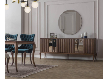 Braune 4-türige Anrichte Luxuriöser Spiegel Esszimmer Holz Möbel 2tlg