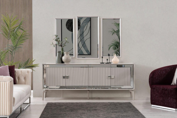 Anrichte Sideboard mit Spiegel Gruppe Kommode Holz Silber Esszimmer