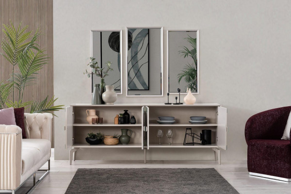 Anrichte Sideboard mit Spiegel Gruppe Kommode Holz Silber Esszimmer
