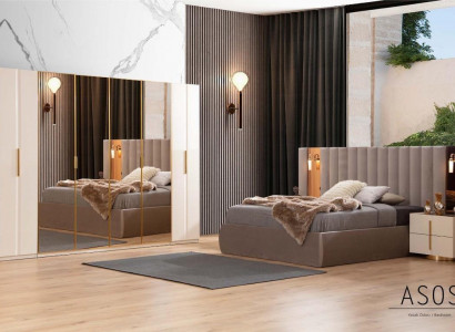 Beige Schlafzimmer Garnitur Designer Bett Kleiderschrank 2x Nachttische