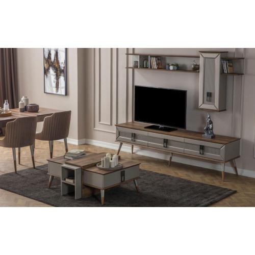 Designer Wohnzimmer Garnitur TV-Ständer Holz Regale Couchtisch RTV Neu
