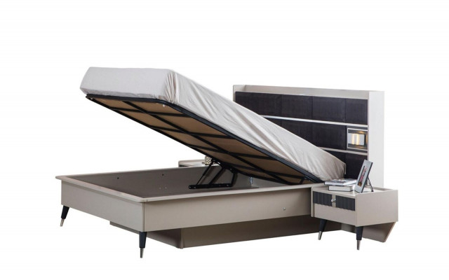 Grau-weiße Schlafzimmer Garnitur Doppelbett 2x Nachttische 3tlg Set