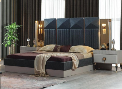 Moderne Schlafzimmer Möbel Designer Graues Bett 2x Holz Nachttische 3tlg
