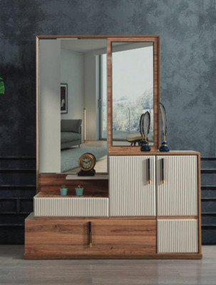 Weiß-Braune Kommode Spiegel Schlafzimmer Holz Möbel Designer Garnitur
