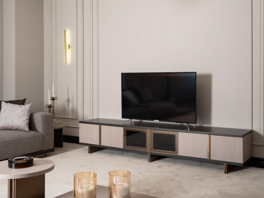 Wohnzimmer Garnitur Sessel RTV Lowboard Couchtische Holz Beige 6tlg