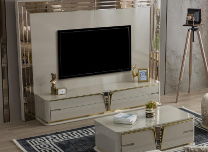 TV Ständer RTV Lowboard Sideboard Wohnzimmer Gold Beige Luxus Holz Neu