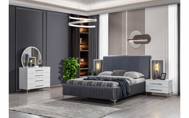 Stilvolle Schlafzimmer Garnitur Graues Doppelbett Holz Nachttische 5tlg